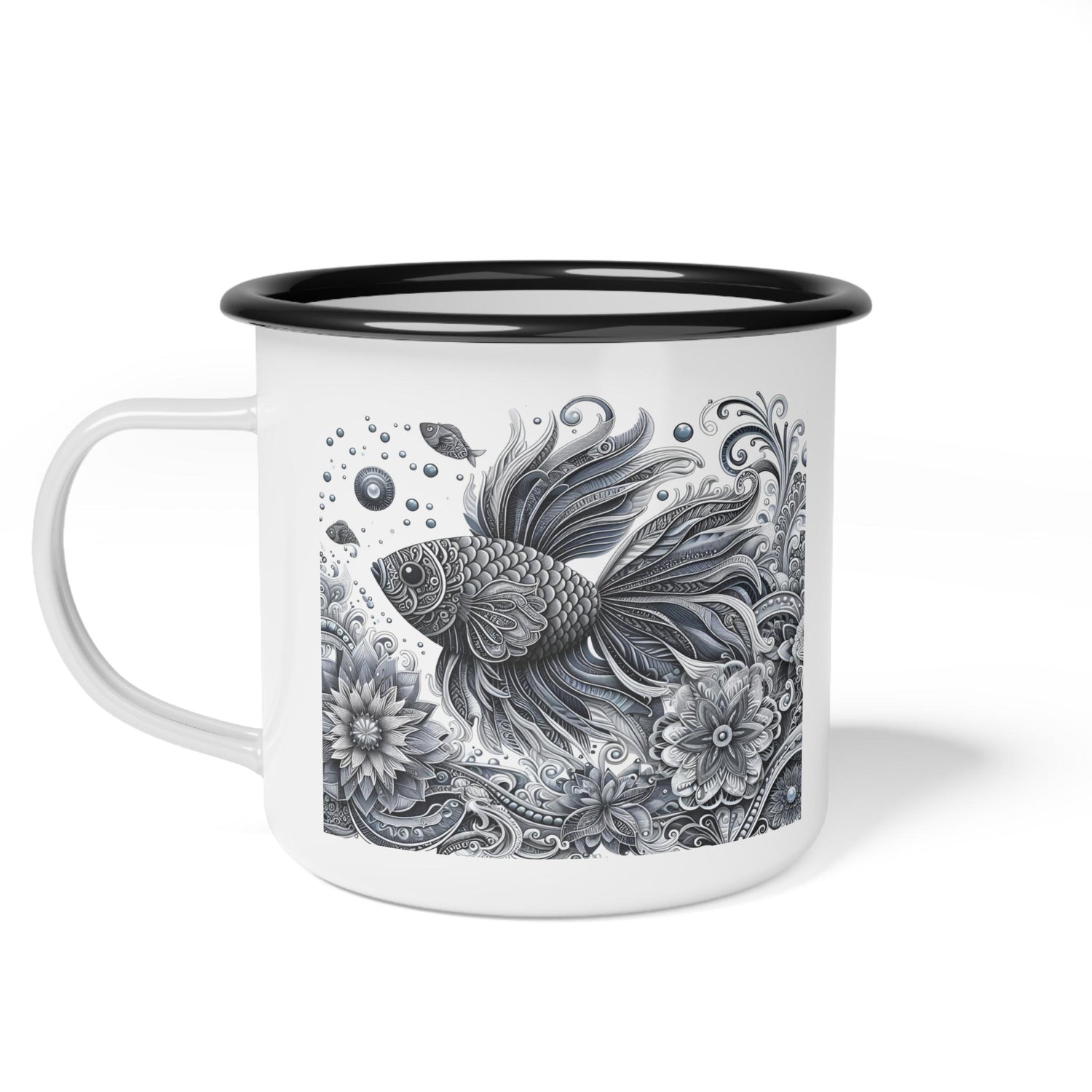Stylish Enamel Camp Cup with Artistic Fish Design, Perfect for Outdoor Adventures, Camping, and Coffee Lovers, Unique Gift Idea, Fishing,