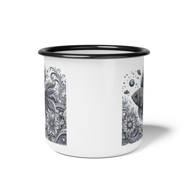 Stylish Enamel Camp Cup with Artistic Fish Design, Perfect for Outdoor Adventures, Camping, and Coffee Lovers, Unique Gift Idea, Fishing,
