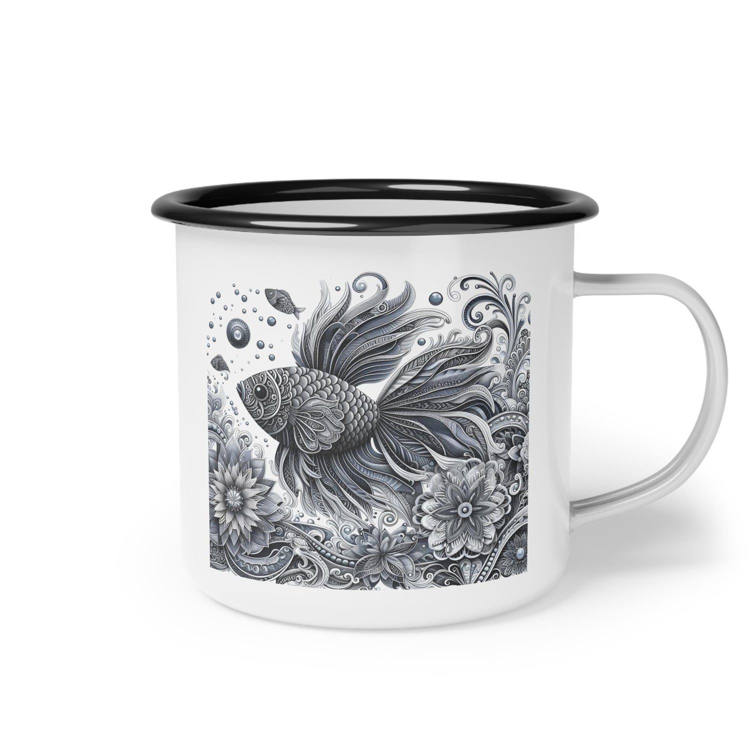 Stylish Enamel Camp Cup with Artistic Fish Design, Perfect for Outdoor Adventures, Camping, and Coffee Lovers, Unique Gift Idea, Fishing,