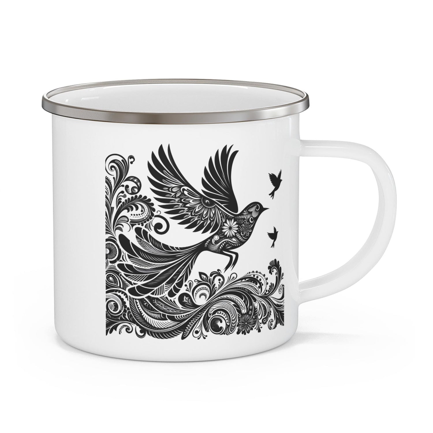 Boho Enamel Camping Mug with Bird Design, Perfect for Nature Lovers, Hiking, Outdoor Adventures, Gifts for Campers, Unique Travel Mug