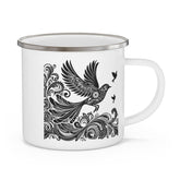 Boho Enamel Camping Mug with Bird Design, Perfect for Nature Lovers, Hiking, Outdoor Adventures, Gifts for Campers, Unique Travel Mug