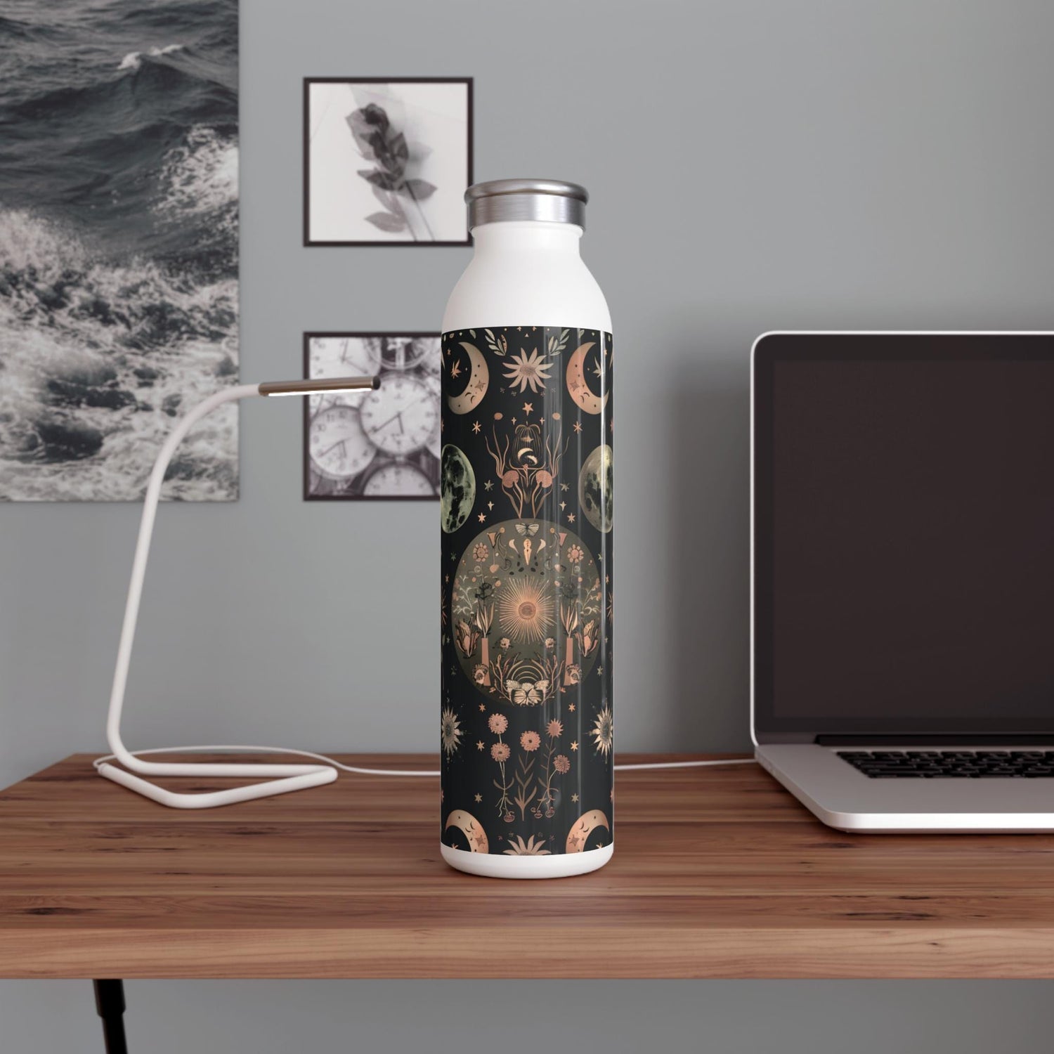 Celestial Floral Slim Water Bottle, Astrological Gift, Eco-Friendly Hydration, Outdoor Adventure Accessory, Planetary Design, Reusable
