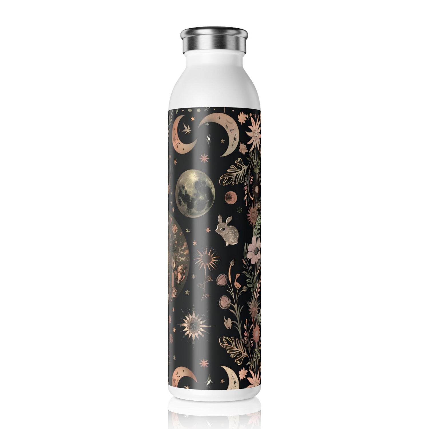 Celestial Floral Slim Water Bottle, Astrological Gift, Eco-Friendly Hydration, Outdoor Adventure Accessory, Planetary Design, Reusable
