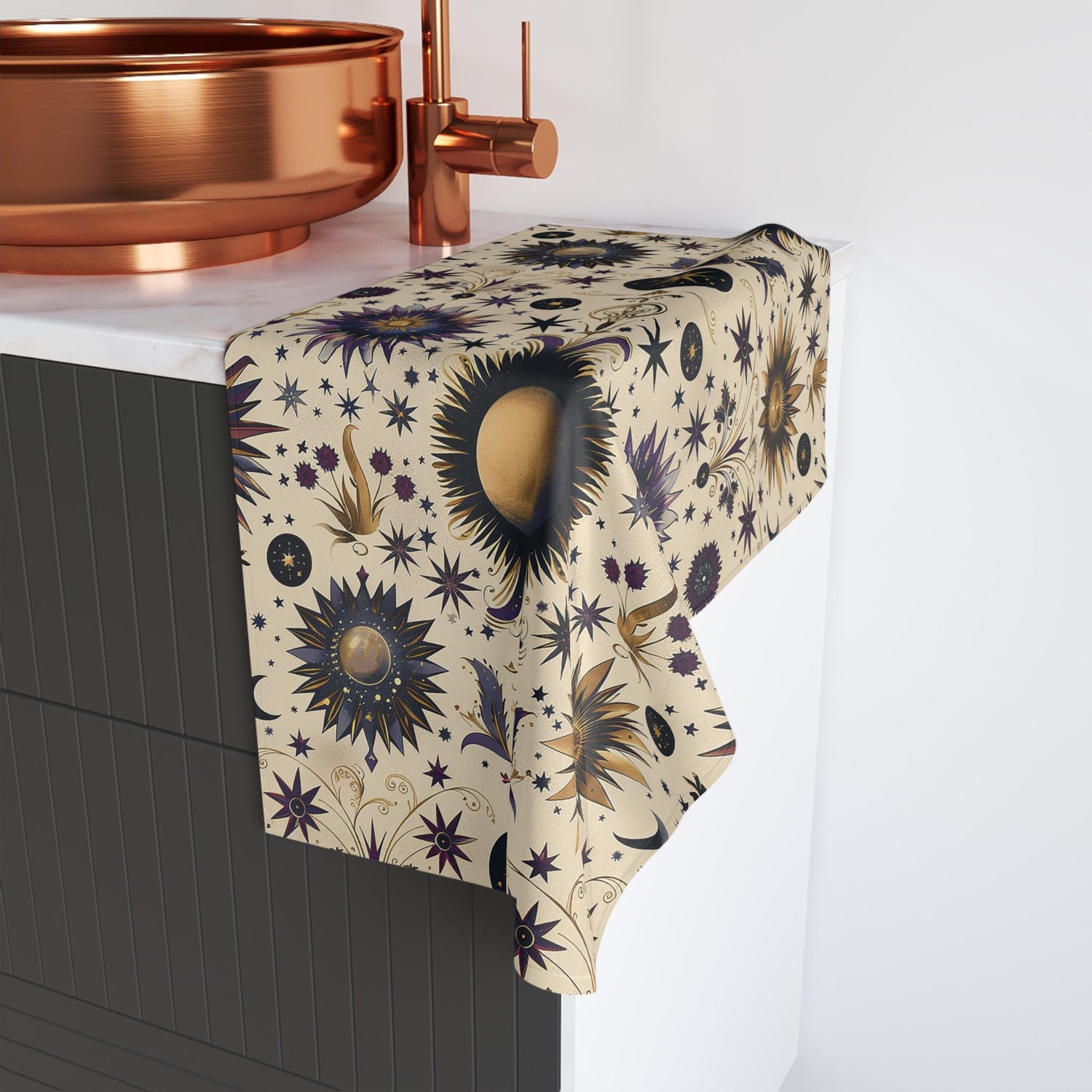Celestial Hand Towel - Cosmic Decor, Starry Kitchen Towel, Astrology Gift, Boho Bathroom Accessory, Sun and Moon Towel