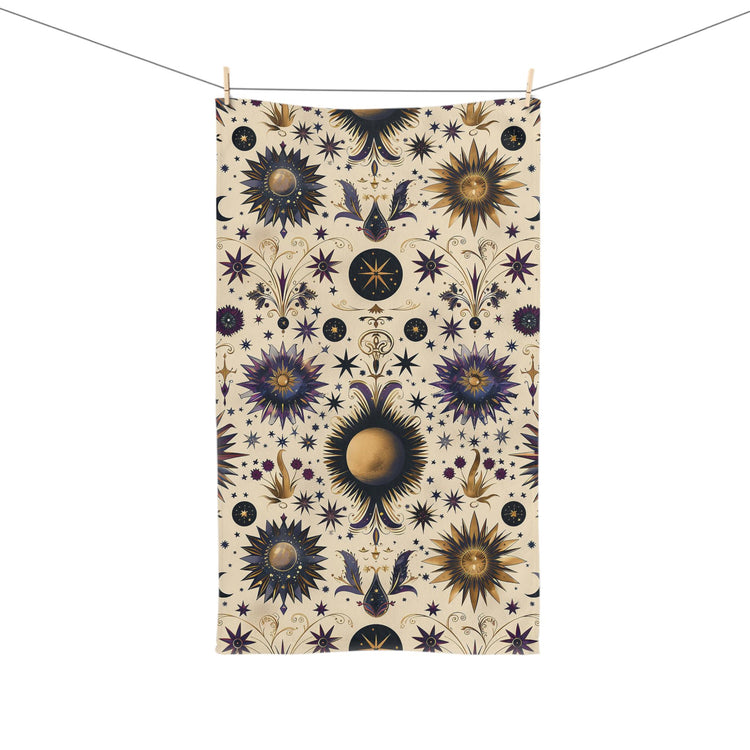 Celestial Hand Towel - Cosmic Decor, Starry Kitchen Towel, Astrology Gift, Boho Bathroom Accessory, Sun and Moon Towel