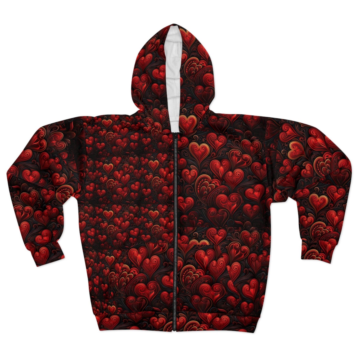 Romantic Heart Pattern Womens Zip Hoodie, Cozy Sweatshirt, Valentine&
