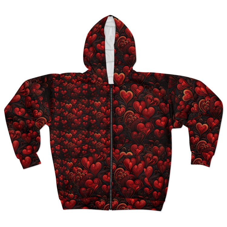 Romantic Heart Pattern Womens Zip Hoodie, Cozy Sweatshirt, Valentine&