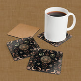 Celestial Floral Cork Coaster Set, Rustic Kitchen Decor, Earthy Home Accents, Nature Lover Gift, Astrology Coasters