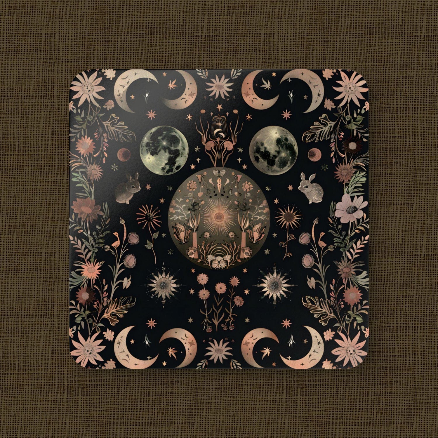 Celestial Floral Cork Coaster Set, Rustic Kitchen Decor, Earthy Home Accents, Nature Lover Gift, Astrology Coasters