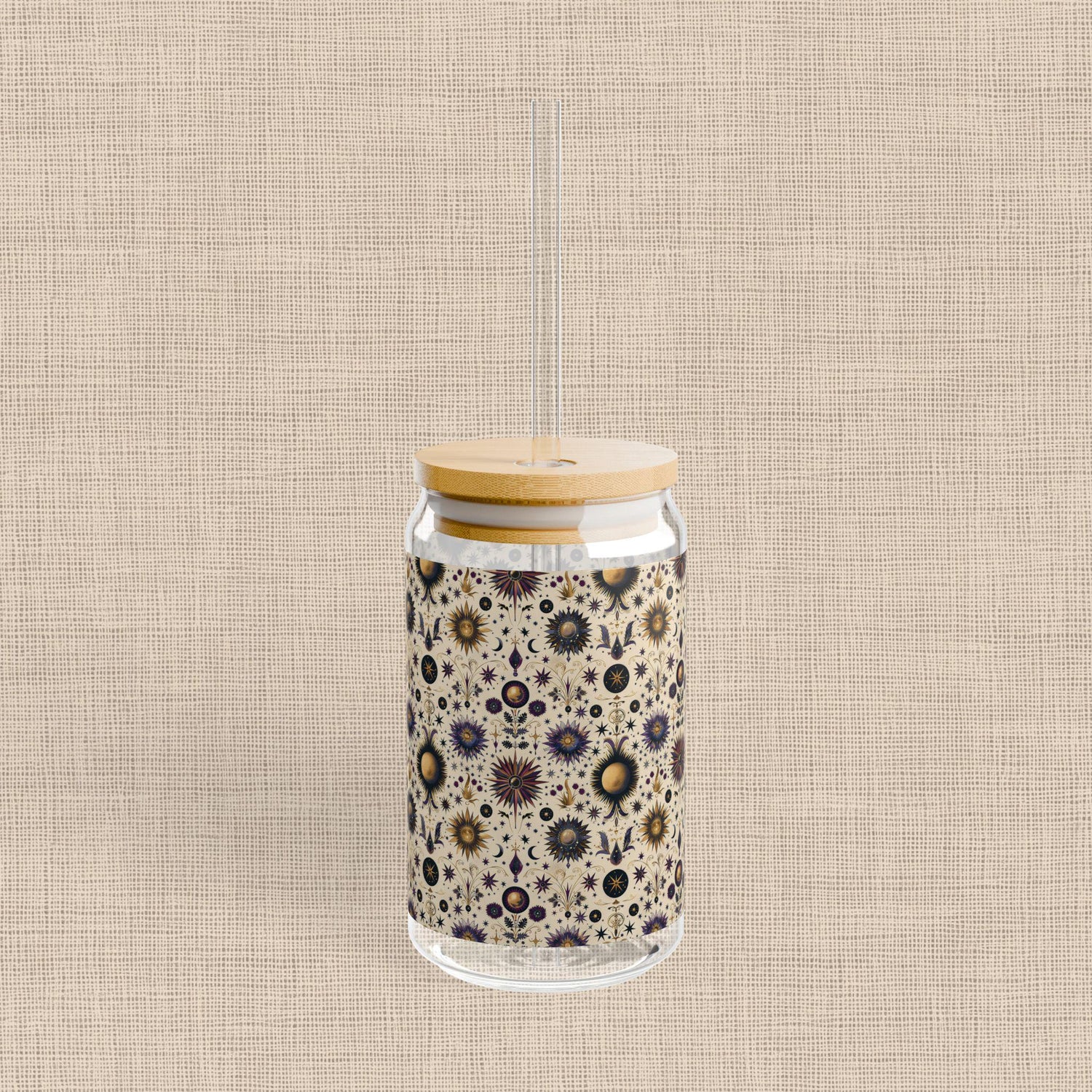 Celestial Sipper Glass, 16oz Starry Sky Design for Eco-Friendly Drinks, Astrology Lovers, Gift for Any Occasion, Sun and Moon Decor