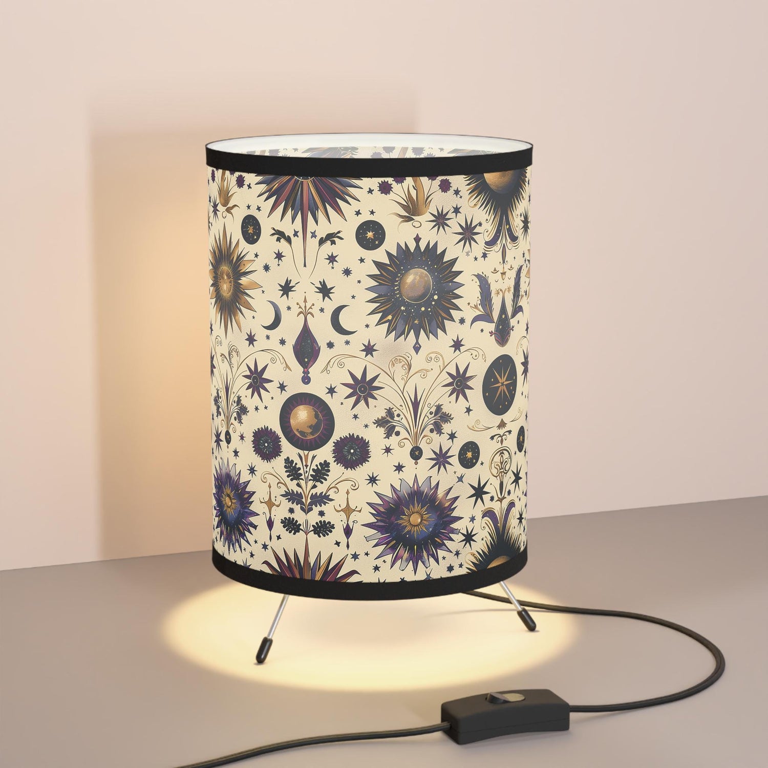 Bohemian Tripod Lamp with Celestial Design Shade, Home Decor, Meditative Lighting, Gift for Housewarming, Boho Aesthetic, Unique Night Light