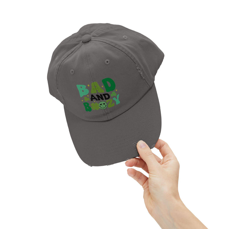 Bad and Boozy Distressed Cap, Perfect for St. Patricks Day, Casual Outings, Gift for Friends, Trendy Fashion Accessory, Unisex hat