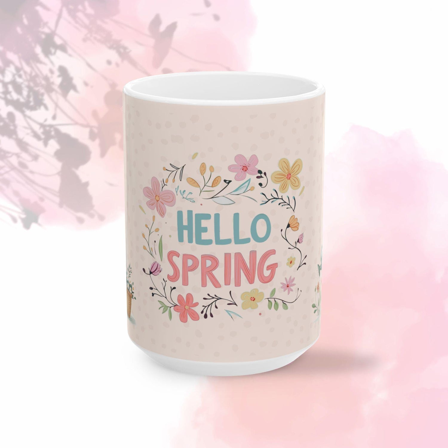 Spring Floral and Bunny Ceramic Mug | Cute Gift for Easter, Spring Decor, Coffee Lover, Tea Cup, Happy Home
