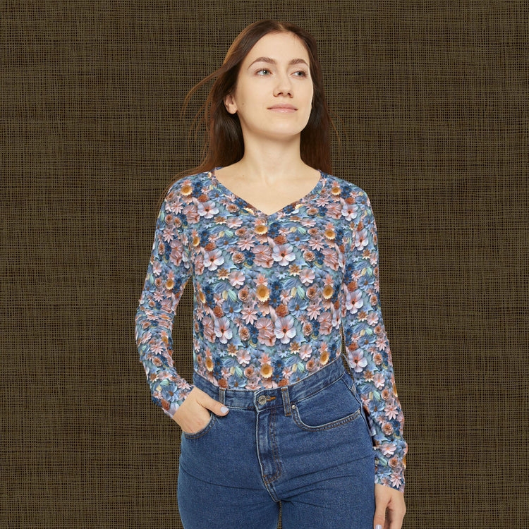 Floral Long Sleeve V-Neck Shirt - Boho Top, Nature-Inspired Apparel, Spring Fashion, Everyday Casual Wear, Gift for Her, Floral Print