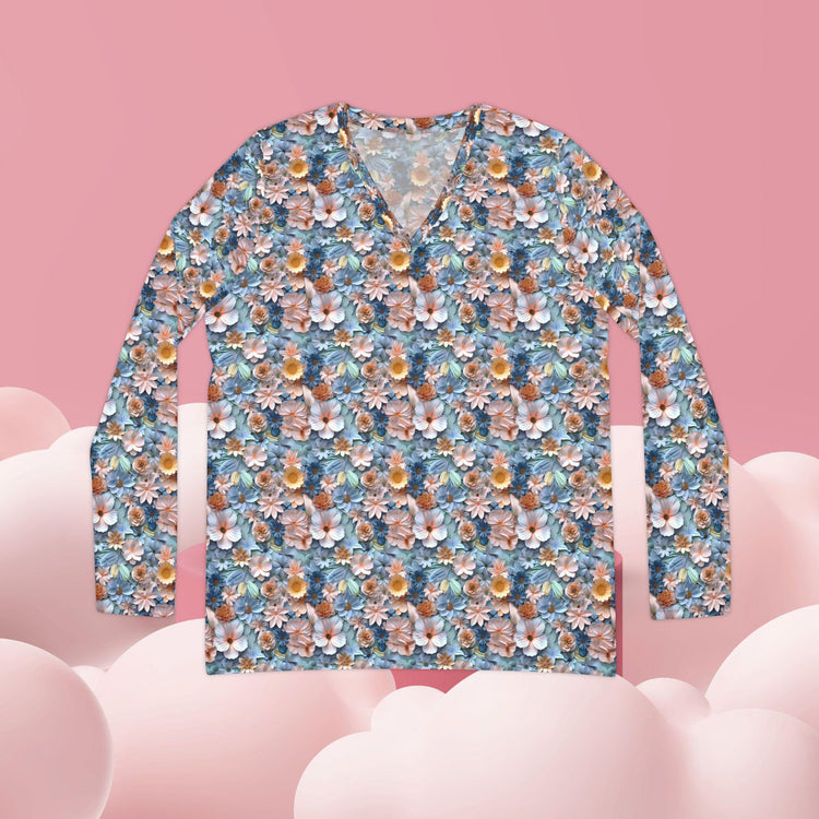 Floral Long Sleeve V-Neck Shirt - Boho Top, Nature-Inspired Apparel, Spring Fashion, Everyday Casual Wear, Gift for Her, Floral Print