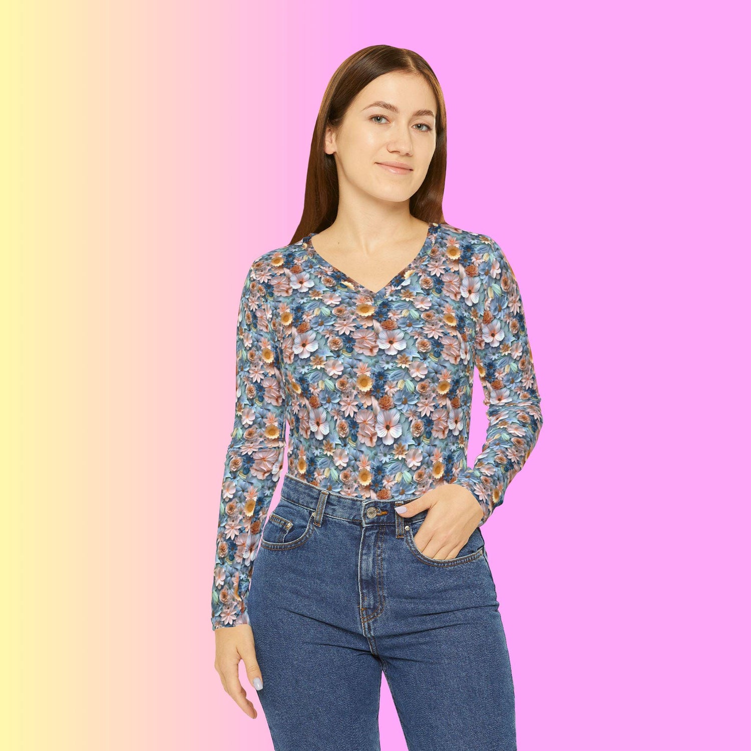 Floral Long Sleeve V-Neck Shirt - Boho Top, Nature-Inspired Apparel, Spring Fashion, Everyday Casual Wear, Gift for Her, Floral Print