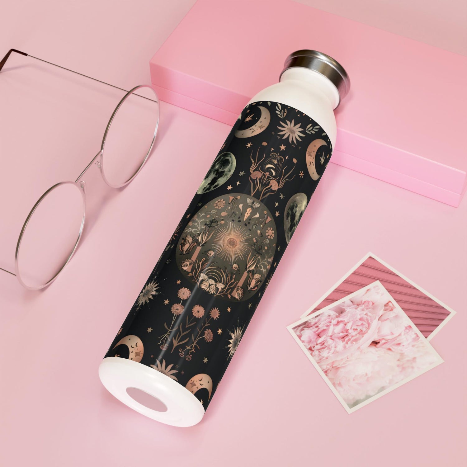 Celestial Floral Slim Water Bottle, Astrological Gift, Eco-Friendly Hydration, Outdoor Adventure Accessory, Planetary Design, Reusable