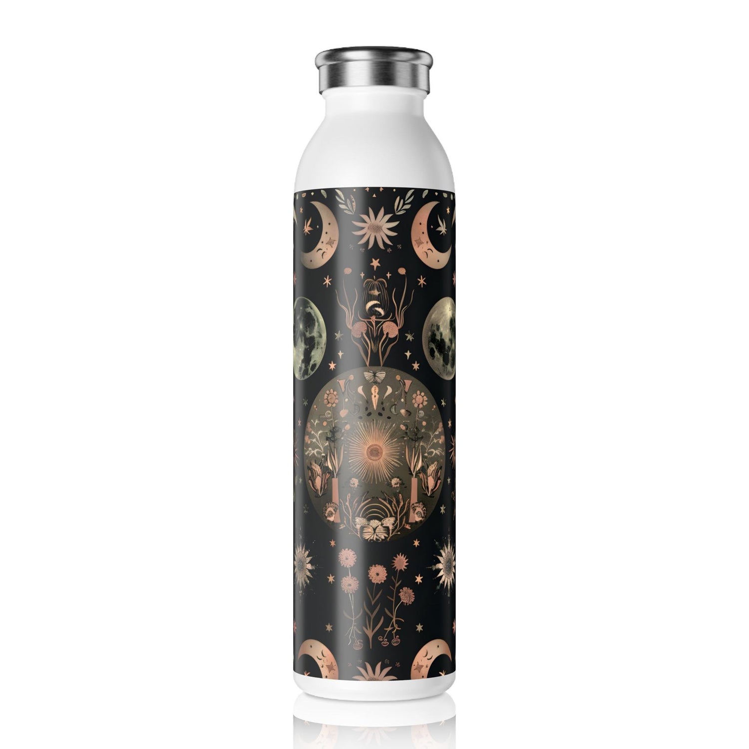 Celestial Floral Slim Water Bottle, Astrological Gift, Eco-Friendly Hydration, Outdoor Adventure Accessory, Planetary Design, Reusable