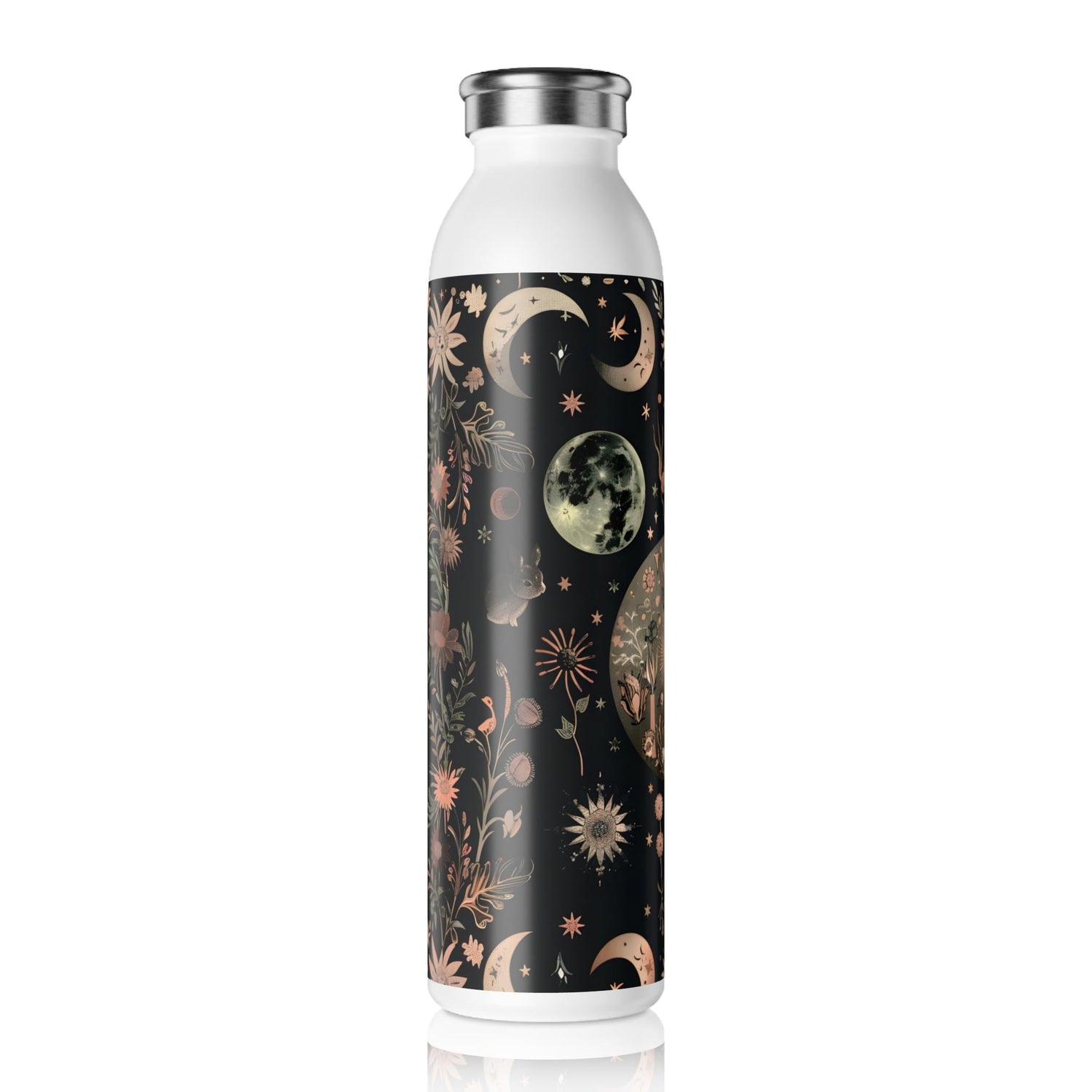 Celestial Floral Slim Water Bottle, Astrological Gift, Eco-Friendly Hydration, Outdoor Adventure Accessory, Planetary Design, Reusable