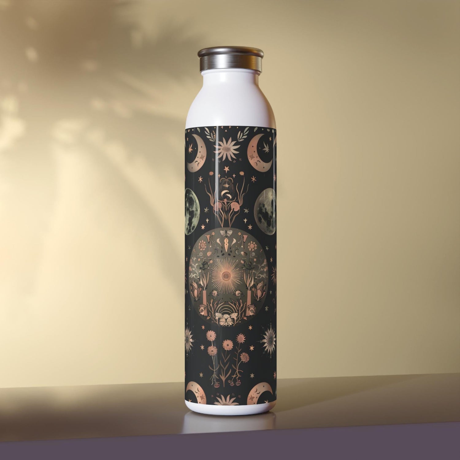 Celestial Floral Slim Water Bottle, Astrological Gift, Eco-Friendly Hydration, Outdoor Adventure Accessory, Planetary Design, Reusable
