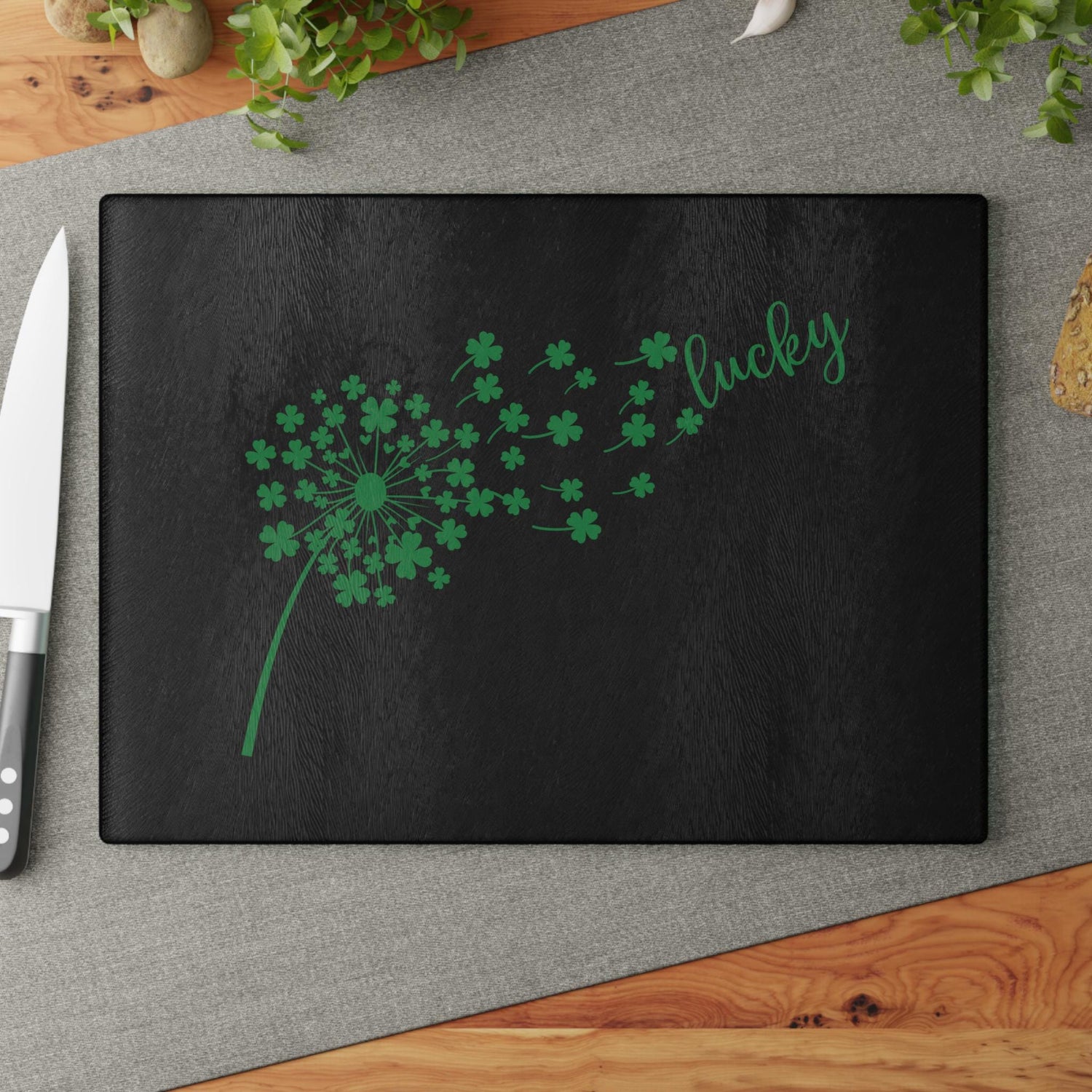 Lucky Dandelion Glass Cutting Board, Kitchen Decor, Gift for Chef, St. Patrick&