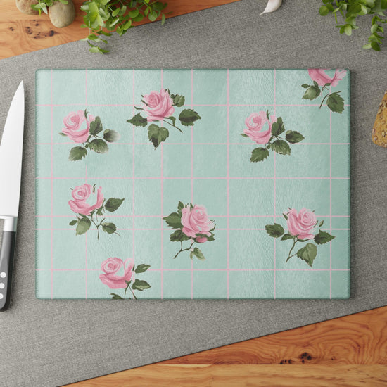 Chic Floral Glass Cutting Board | Vintage Kitchen Decor, Wedding Gift, Home Cooking Essentials, Pink Rose Design, Kitchen Accessories