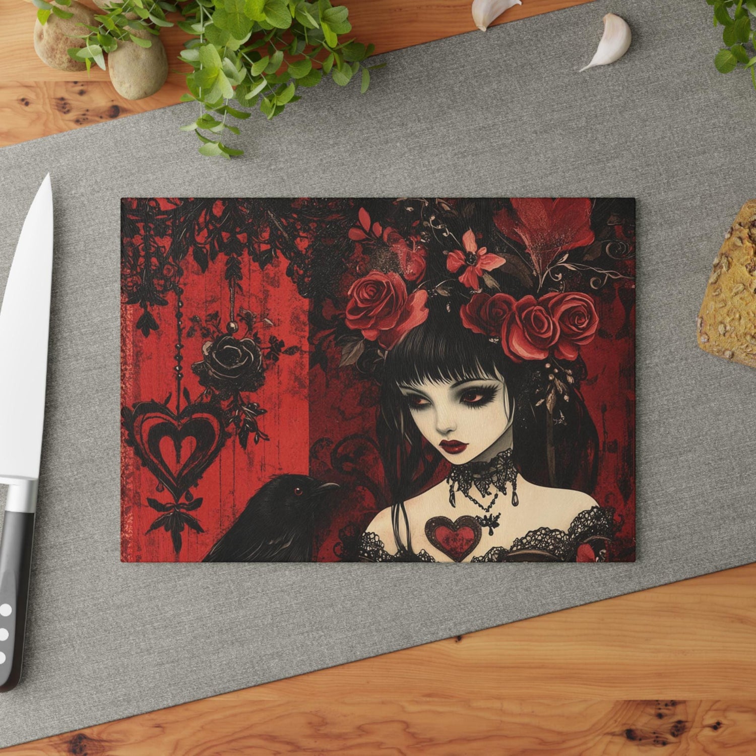 Gothic Art Glass Cutting Board | Darkly Elegant Kitchen Decor, Halloween Gift, Unique Gift for Her, Home Cooking Accessory