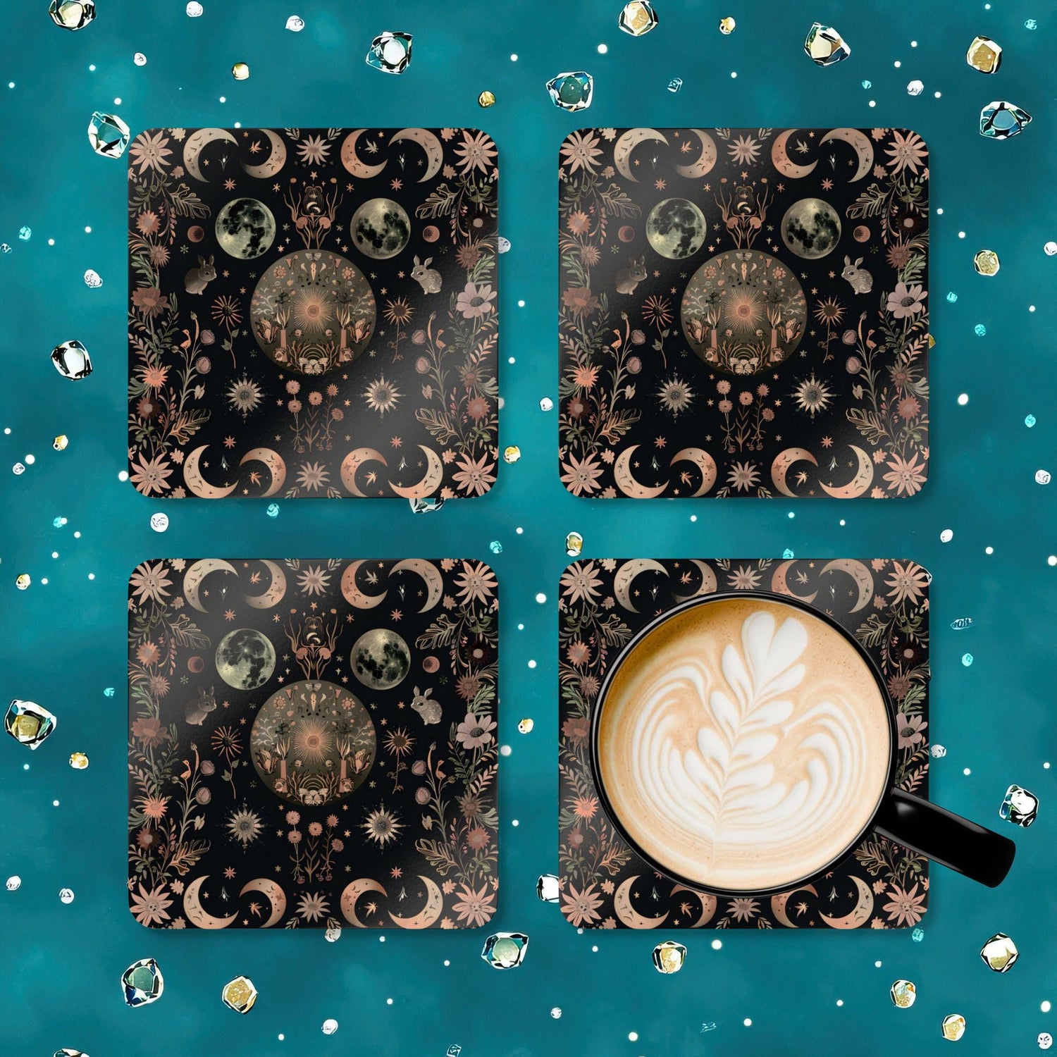 Celestial Floral Cork Coaster Set, Rustic Kitchen Decor, Earthy Home Accents, Nature Lover Gift, Astrology Coasters