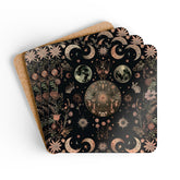Celestial Floral Cork Coaster Set, Rustic Kitchen Decor, Earthy Home Accents, Nature Lover Gift, Astrology Coasters