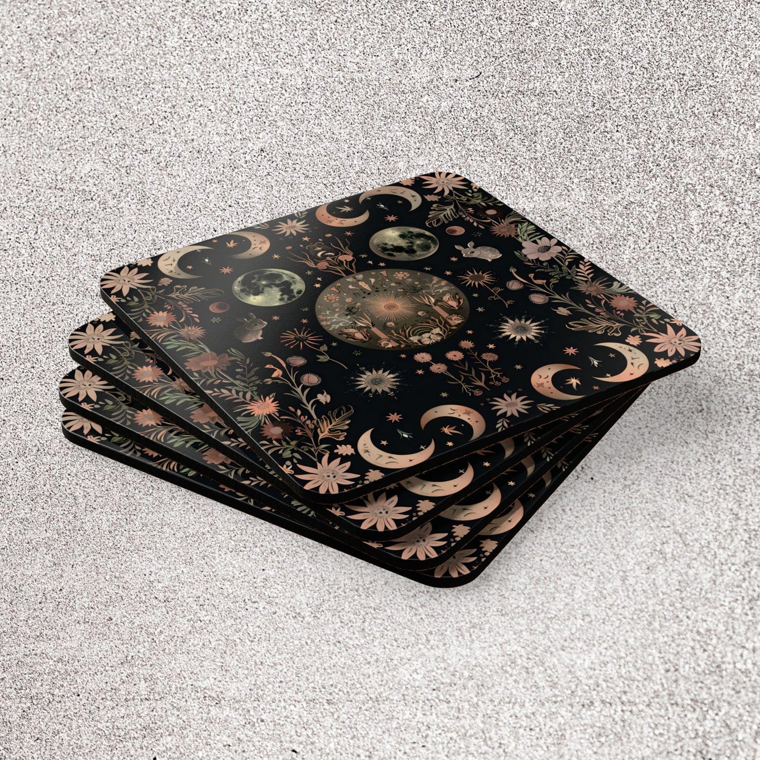 Celestial Floral Cork Coaster Set, Rustic Kitchen Decor, Earthy Home Accents, Nature Lover Gift, Astrology Coasters