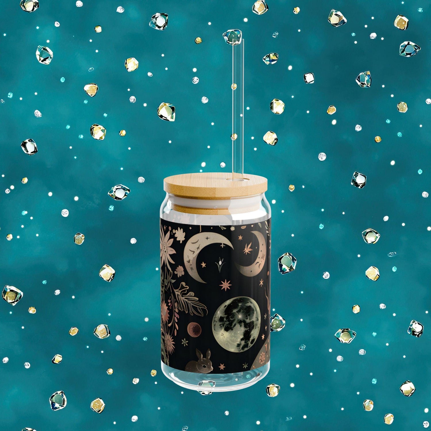 Celestial Sipper Glass, 16oz - Astrology Drinkware, Moon Phase Cup, Starry Night Tumbler, Boho Style Beverage Holder, Eco-Friendly Glass