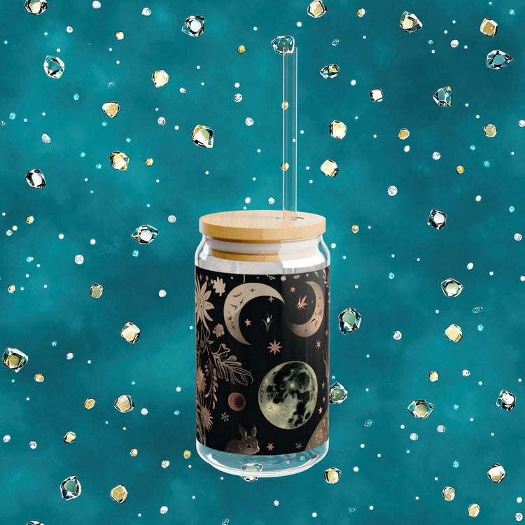 Celestial Sipper Glass, 16oz - Astrology Drinkware, Moon Phase Cup, Starry Night Tumbler, Boho Style Beverage Holder, Eco-Friendly Glass