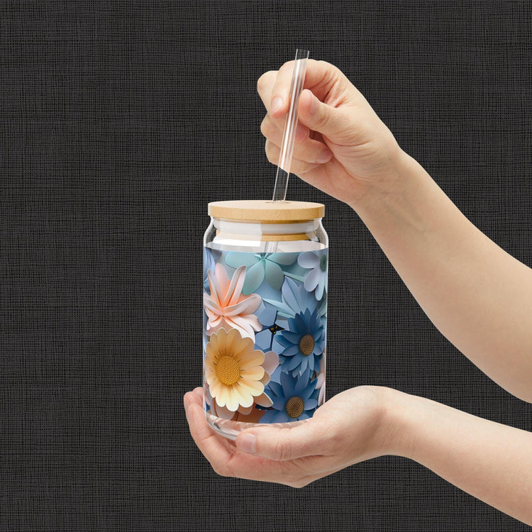 Floral Sipper Glass, Eco-Friendly Drinkware, Reusable Glass Cup, Summer Refreshment, Gift for Garden Lovers, Floral Design