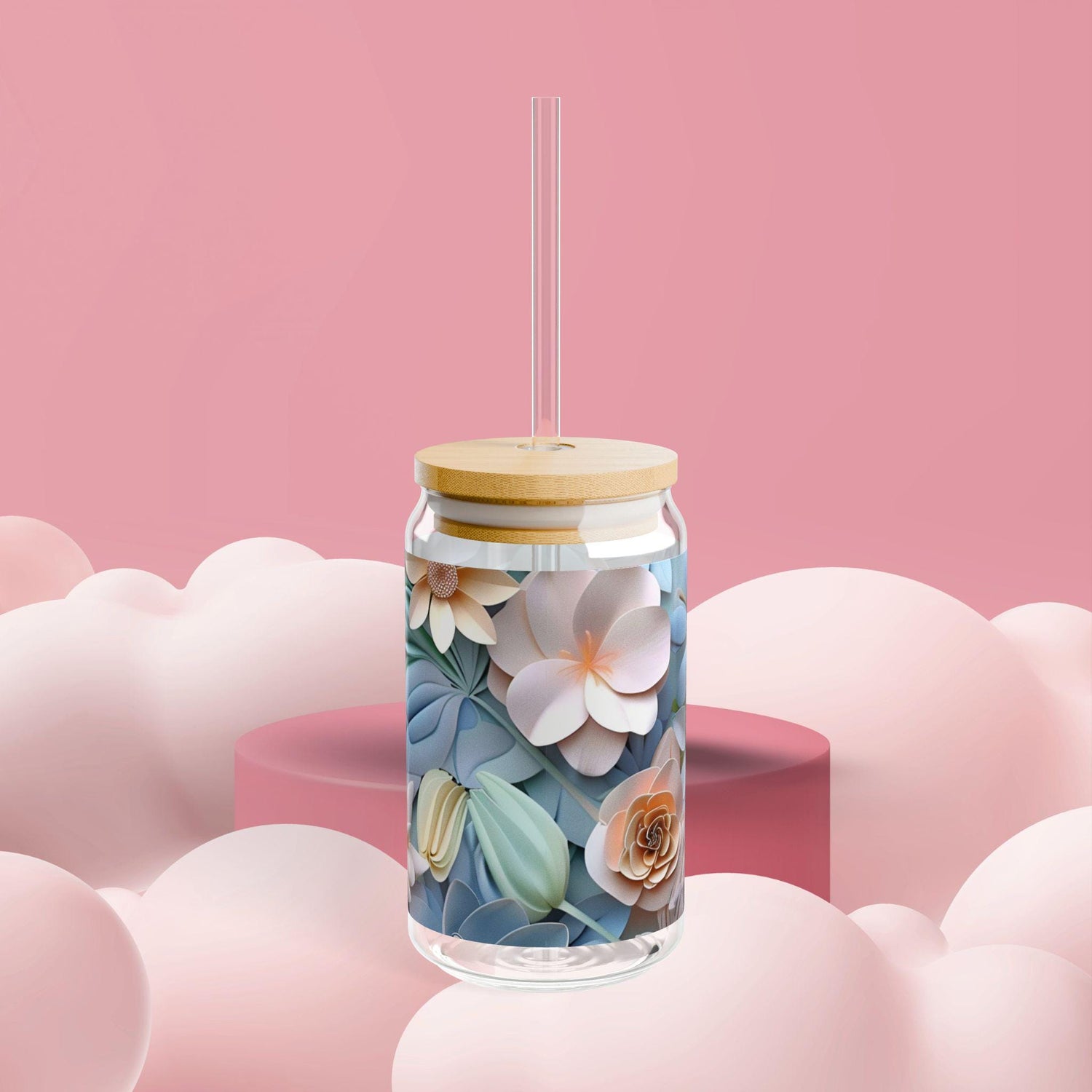 Floral Sipper Glass, Eco-Friendly Drinkware, Reusable Glass Cup, Summer Refreshment, Gift for Garden Lovers, Floral Design