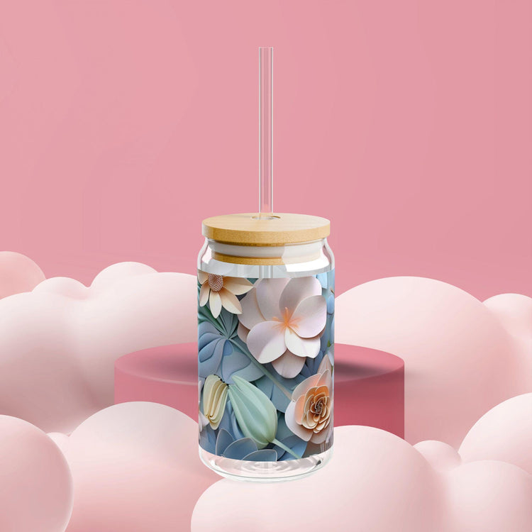 Floral Sipper Glass, Eco-Friendly Drinkware, Reusable Glass Cup, Summer Refreshment, Gift for Garden Lovers, Floral Design