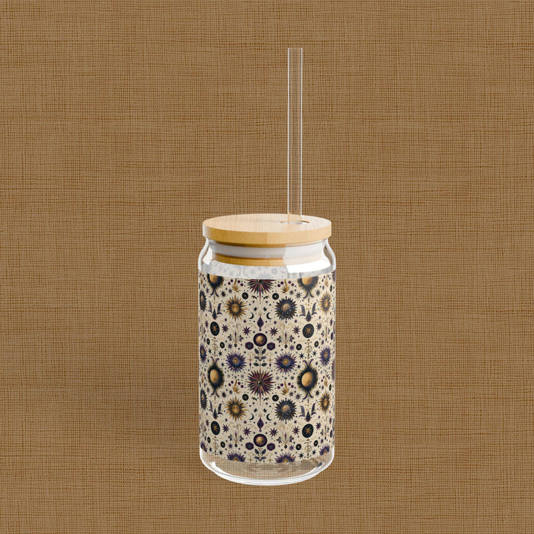 Celestial Sipper Glass, 16oz Starry Sky Design for Eco-Friendly Drinks, Astrology Lovers, Gift for Any Occasion, Sun and Moon Decor