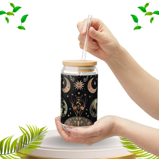 Celestial Sipper Glass, 16oz - Astrology Drinkware, Moon Phase Cup, Starry Night Tumbler, Boho Style Beverage Holder, Eco-Friendly Glass