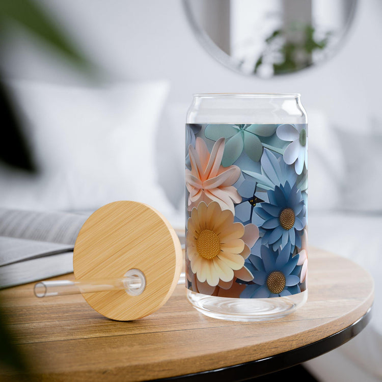 Floral Sipper Glass, Eco-Friendly Drinkware, Reusable Glass Cup, Summer Refreshment, Gift for Garden Lovers, Floral Design