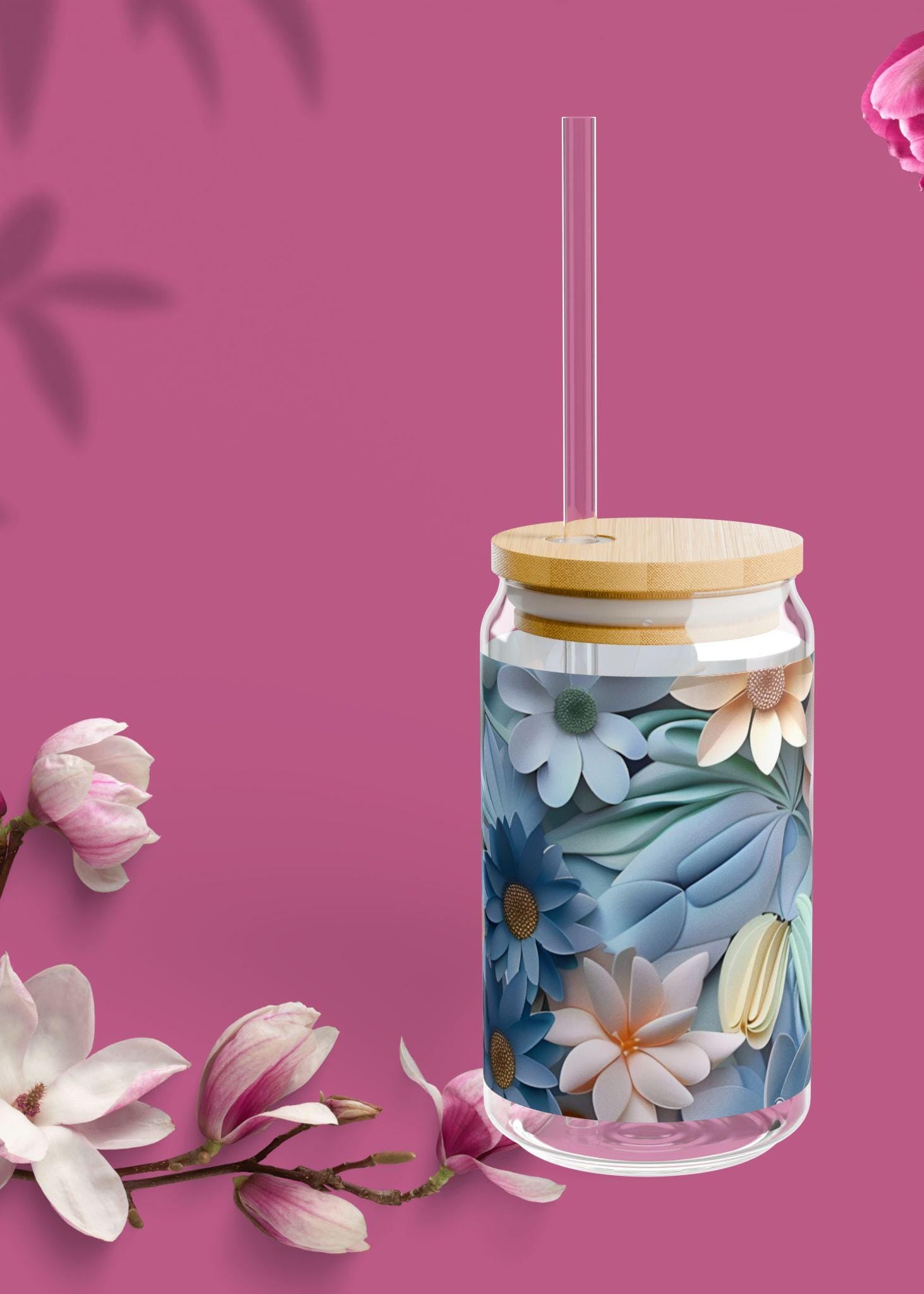 Floral Sipper Glass, Eco-Friendly Drinkware, Reusable Glass Cup, Summer Refreshment, Gift for Garden Lovers, Floral Design