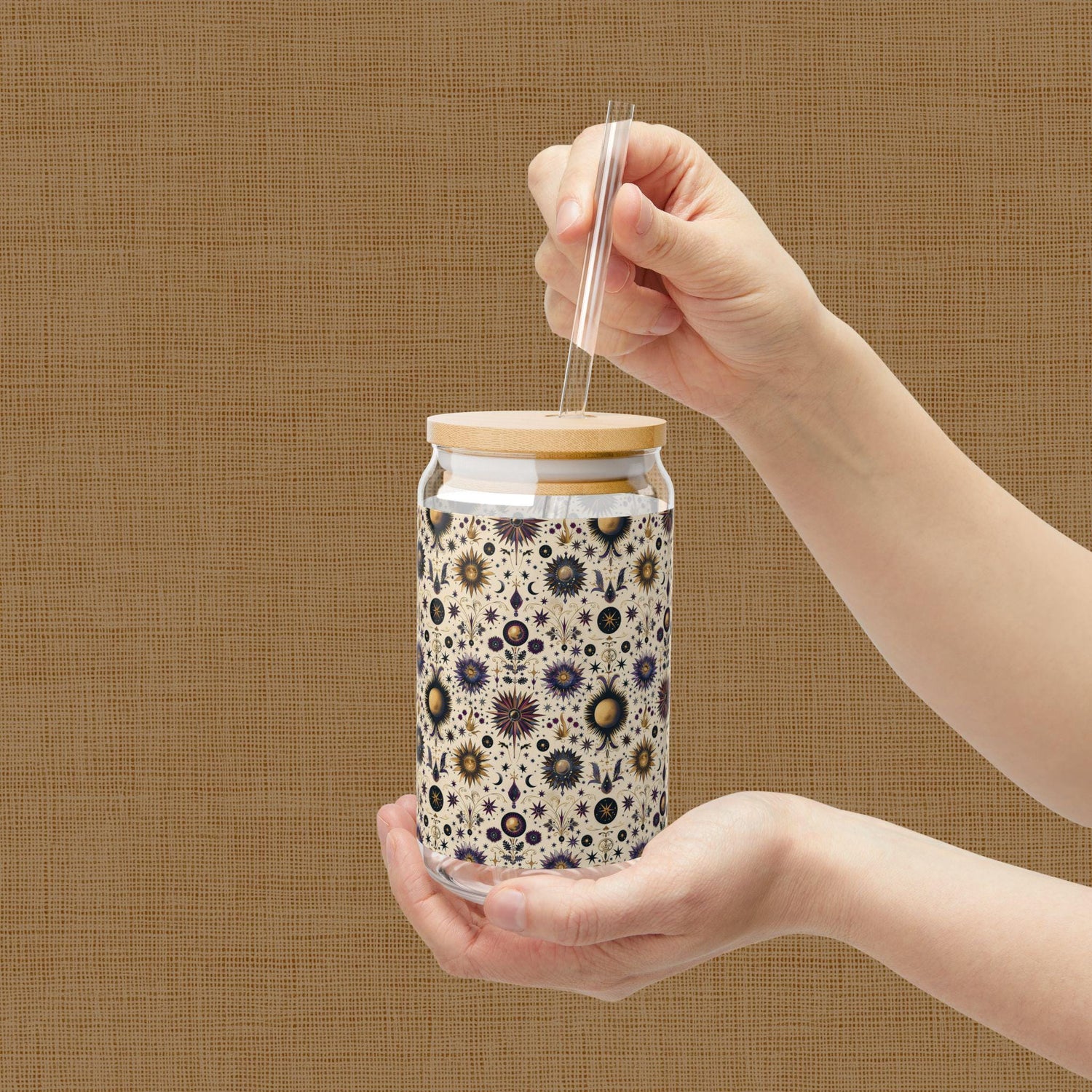 Celestial Sipper Glass, 16oz Starry Sky Design for Eco-Friendly Drinks, Astrology Lovers, Gift for Any Occasion, Sun and Moon Decor