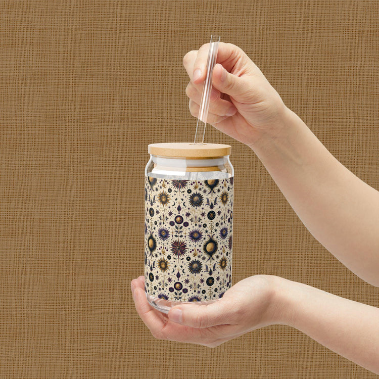 Celestial Sipper Glass, 16oz Starry Sky Design for Eco-Friendly Drinks, Astrology Lovers, Gift for Any Occasion, Sun and Moon Decor