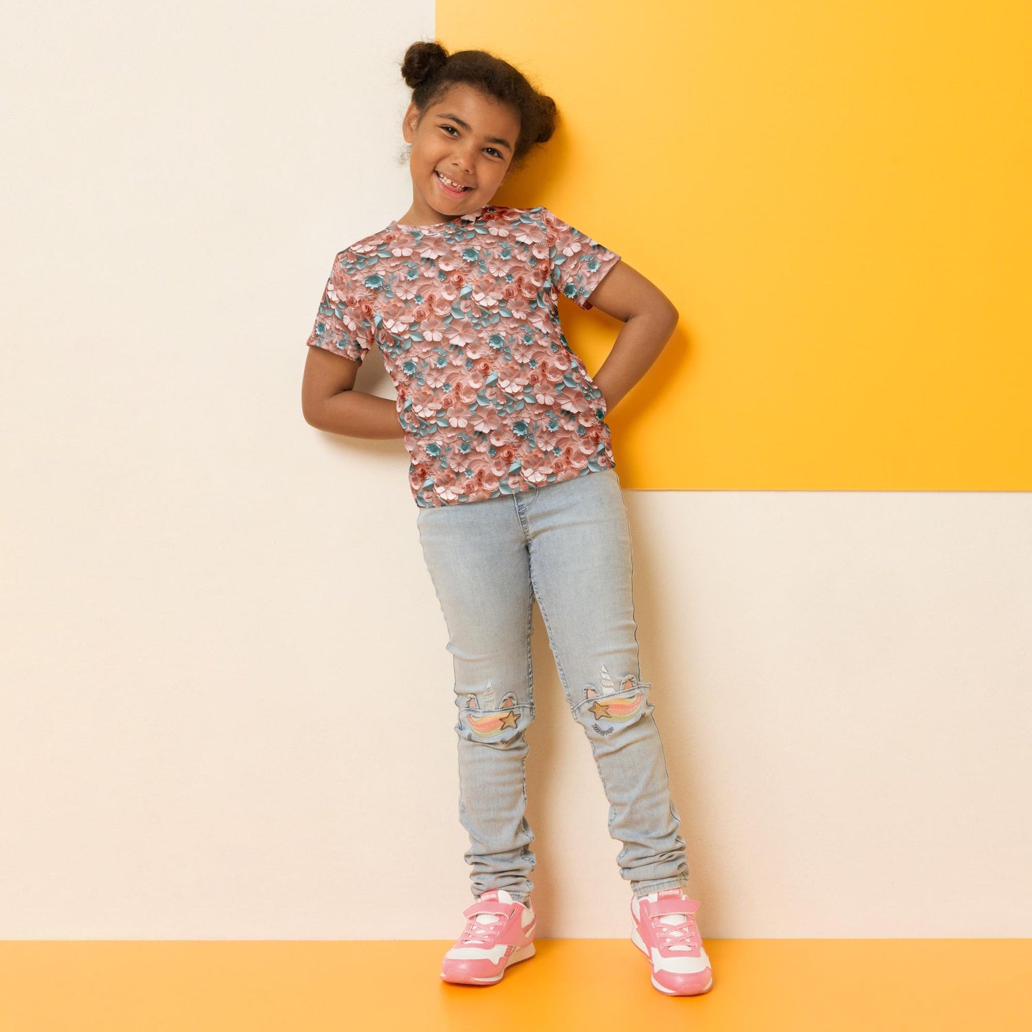 3D Floral Print Kids T-Shirt – Spring Crew Neck Tee, Soft Breathable Toddler Top, Cute Bloom Pattern Short Sleeve Shirt for Girls