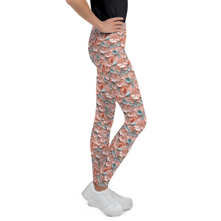 3D Floral Print Youth Leggings | All-Over Pattern Kids Leggings | Girls’ Floral Pants | Stretchy Comfortable Child Leggings | Cute Playwear