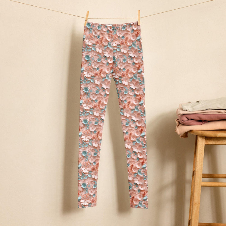 3D Floral Print Youth Leggings | All-Over Pattern Kids Leggings | Girls’ Floral Pants | Stretchy Comfortable Child Leggings | Cute Playwear