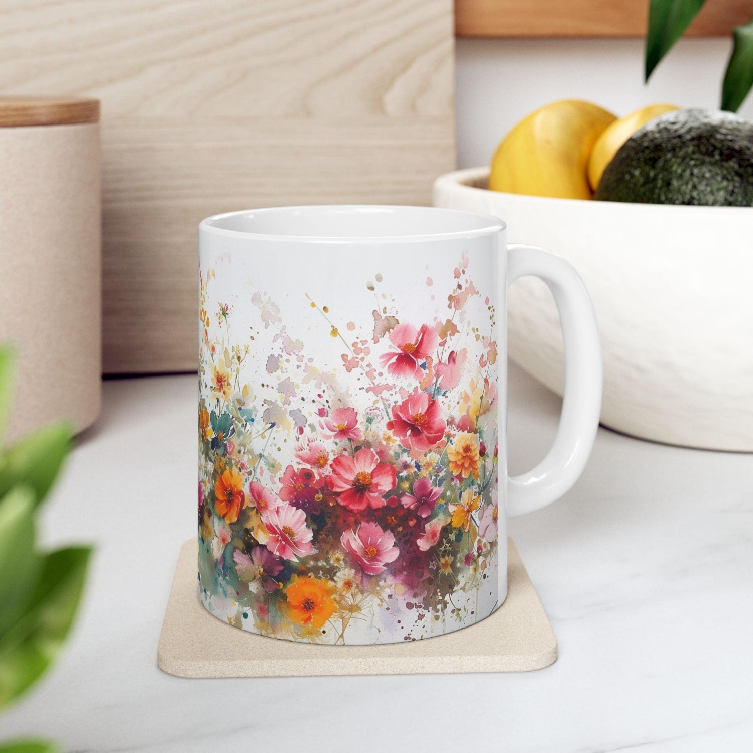 Floral Art Ceramic Mug - Colorful Flower Design, Gift for Her, Morning Coffee Mug, Tea Lover&