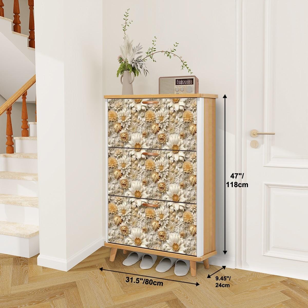 Floral Shoe Cabinet (Made in USA), Designer Home Office Shoe Organizer, Great Gift