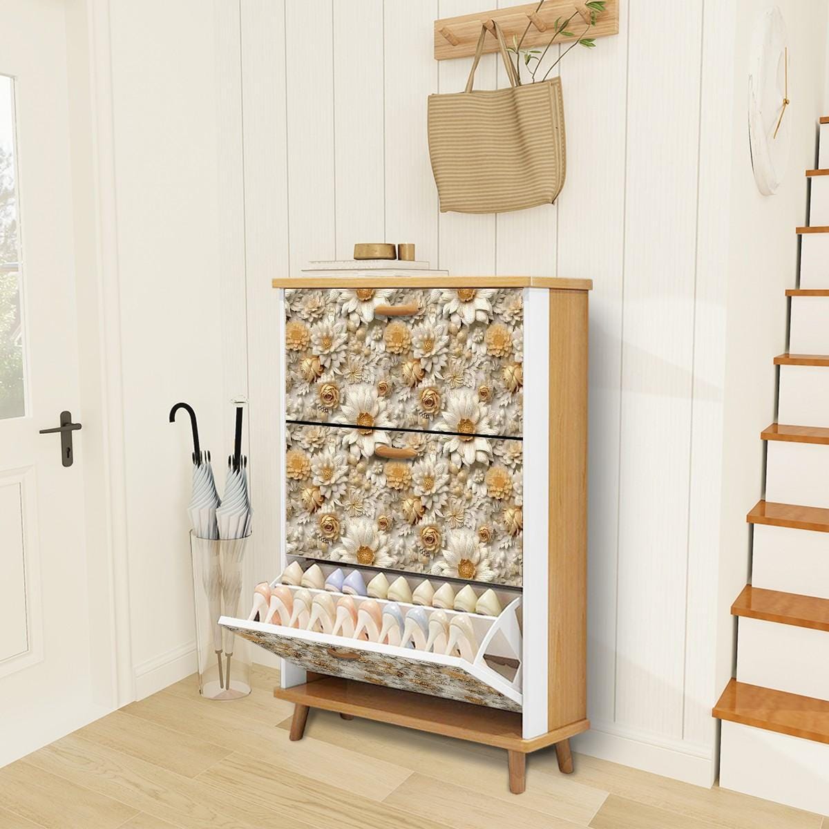 Floral Shoe Cabinet (Made in USA), Designer Home Office Shoe Organizer, Great Gift