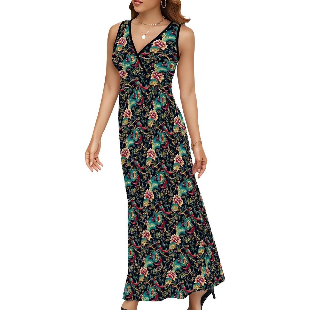 Floral Seamless Print Sleeveless Maxi Dress – Boho Chic Summer Dress for Women, Beach Wedding Guest Dress, Long Flowy Dress