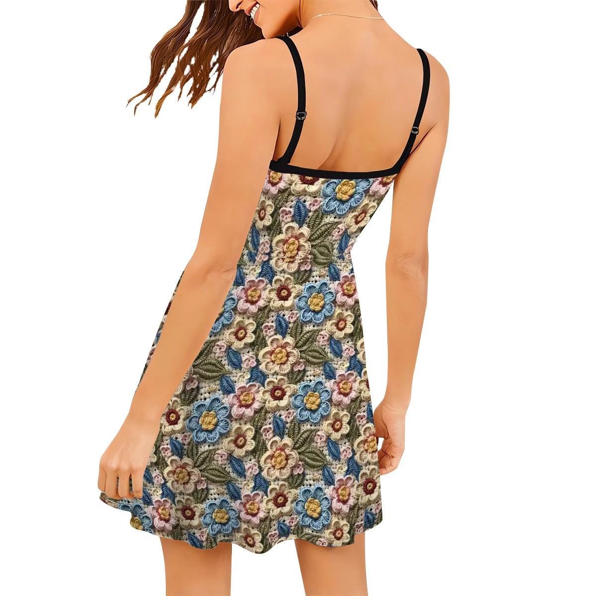 Womens Crotchet Sublimation Print Design Short Spaghetti Strap A-Line Dress | Great Casaual Floral Pattern Print Design