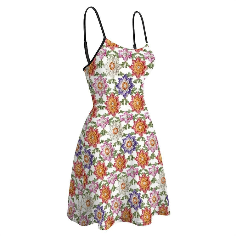 Ladies Crochet Floral Print Short Spaghetti Strap A-Line Dress – Boho Summer Dress, Beach Cover Up, Casual Sundress